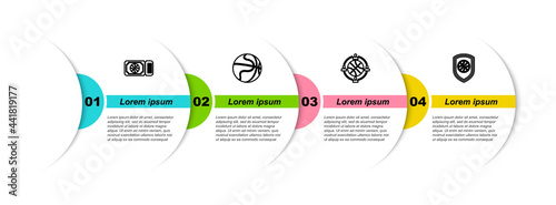 Set line Basketball game ticket, , Planning strategy and Shield the basketball. Business infographic template. Vector