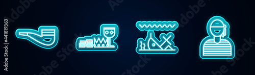 Set line Smoking pipe, Treasure and riches, Sunken ship and Sailor captain. Glowing neon icon. Vector