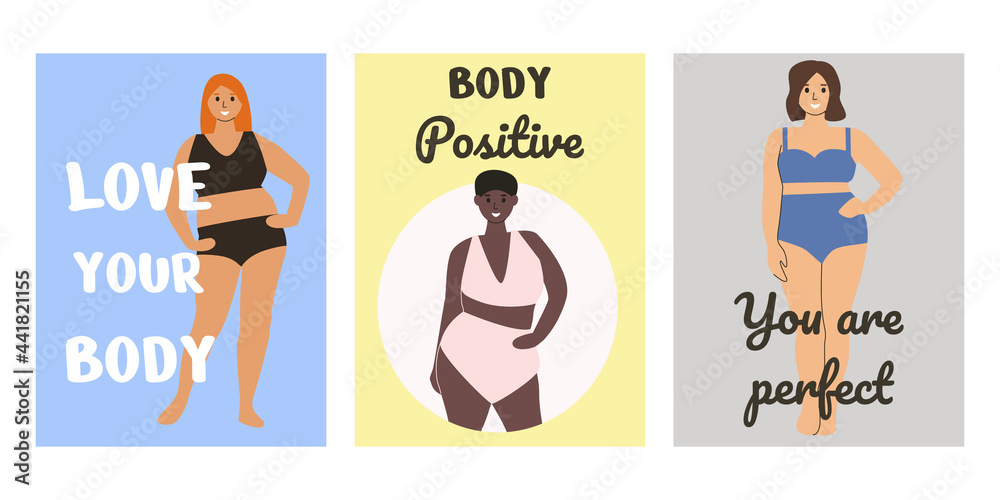 Set of body positive cards. Plus size women with title. Love your body. You are perfect. Diverse group of women in swimsuits or underwear.