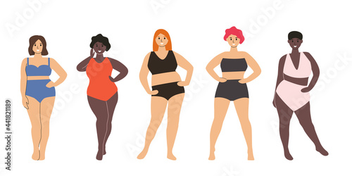 Vector set of body positive girls. Love yourself, your body concept. Diverse group of women in swimsuits or underwear. Flat young plus size women.