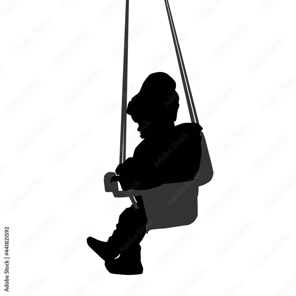 toddler sitting on swing, kid playing, vector silhouette isolated on white background toddler sitting on swing, kid playing, vector silhouette isolated on white background