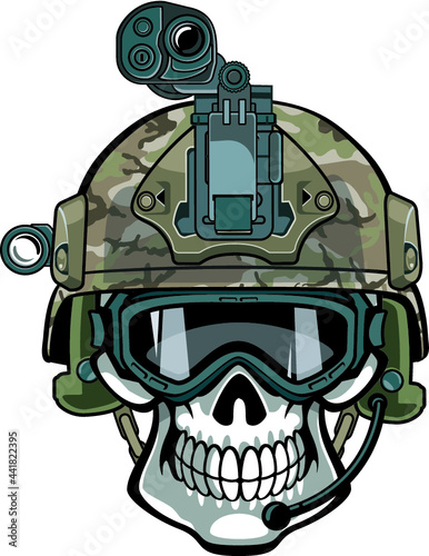human skull wearing military helmet