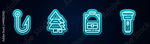 Set line Fishing hook, Tree, Hiking backpack and Flashlight. Glowing neon icon. Vector