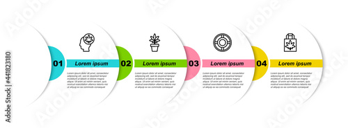 Set line Head with marijuana or cannabis, Marijuana plant, Ashtray and Shopping paper bag of. Business infographic template. Vector