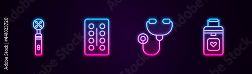 Set line Electric toothbrush, Pills in blister pack, Stethoscope and Organ container. Glowing neon icon. Vector