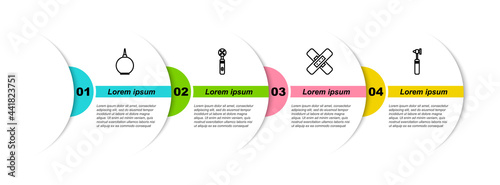 Set line Enema, Electric toothbrush, Crossed bandage plaster and Medical otoscope tool. Business infographic template. Vector