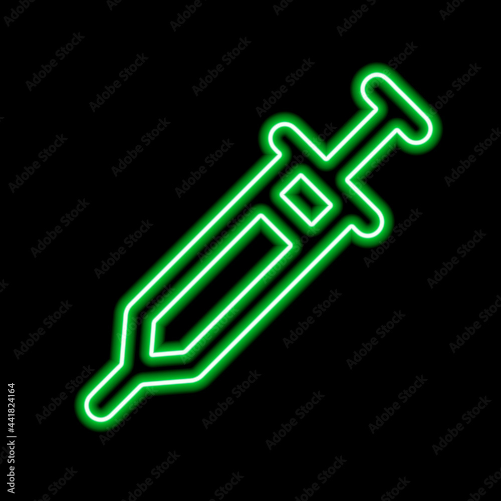 Green neon stylized syringe contour on a black background Green neon stylized syringe contour on a black background