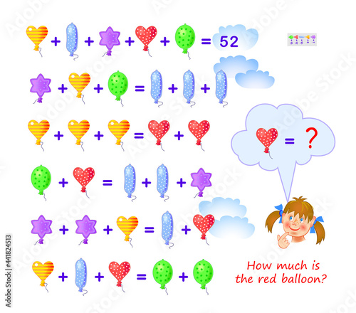 Mathematical logic puzzle game for smartest. How much is the red balloon? Solve examples and find solution. Page for brain teaser book. Play online. Memory training for seniors. Vector illustration.