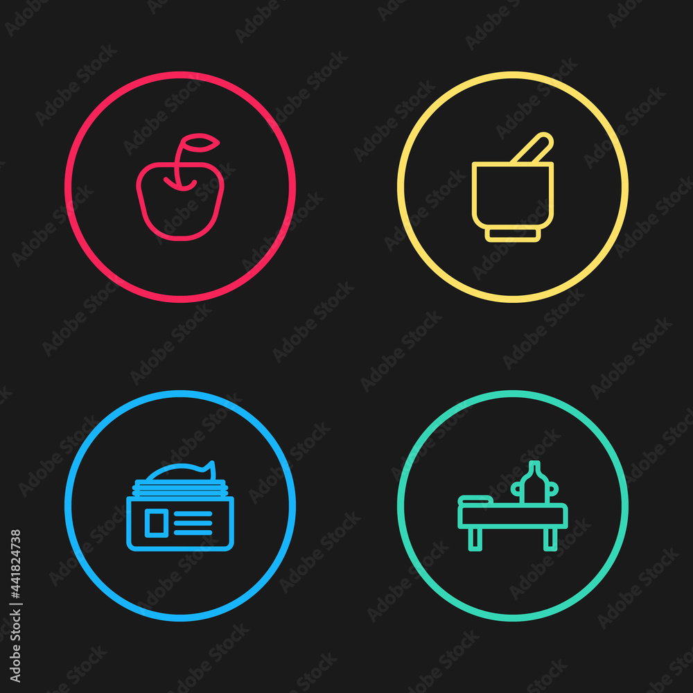 Set line Ointment cream tube, Massage table with oil, Mortar and pestle and Apple icon. Vector Set line Ointment cream tube, Massage table with oil, Mortar and pestle and Apple icon. Vector