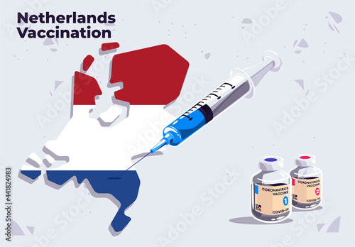 Vector illustration of Netherlands vaccination template medical syringe on the map of Netherlands with glass vials of COVID-19 vaccine, inject in Netherlands, flag of Netherlands