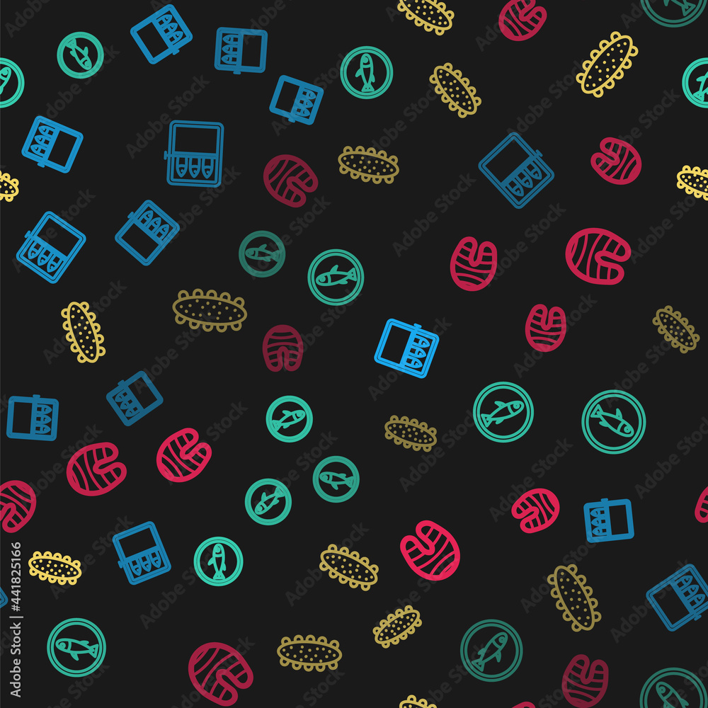 Set line Canned fish, Served on plate, Sea cucumber and Fish steak on seamless pattern. Vector Set line Canned fish, Served on plate, Sea cucumber and Fish steak on seamless pattern. Vector