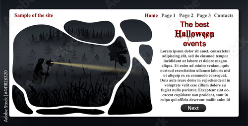 Sample of dark website related to Halloween. Black and grey primary colors. Template with text and information. Vector illustration with fog, forest and wanderer at night.