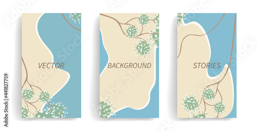 Botanical set. Vector layout for social media post, story, banner, mobile, web, ad. Abstract branches and flowers. Design with copy space for text. Stylish natural colors, brown, beige, blue, green