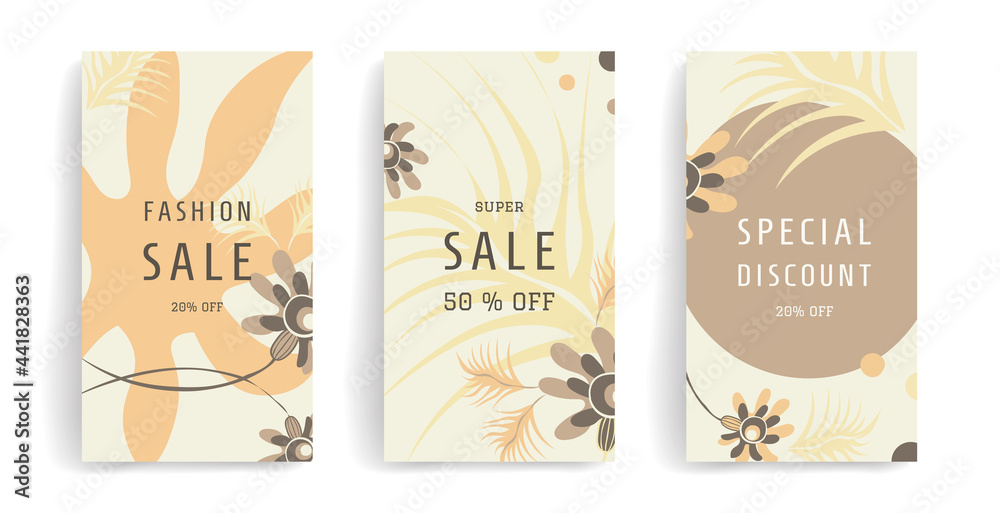 Set of editable vector story templates. Layouts with hand drawn exclusive tropical flowers and leaves, backgrounds. Trendy design for social media marketing. Modern design with copy space for text