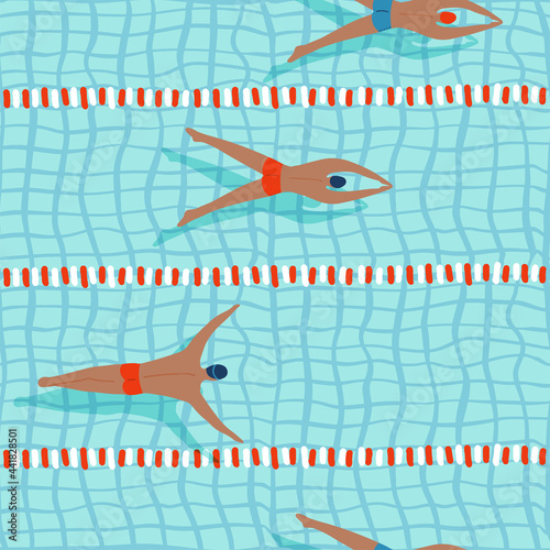 Professional sportsman, male athletes swimming in the pool seamless pattern. Top view pool track . Men competition. Flat vector illustration.