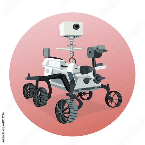 Rabat rover exploring the planet Mars. Mars Exploration Mission. Vector illustration isolated on white background.