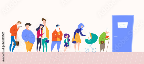 Long queue. People line up at the office door and wait until they are called for an appointment, vector illustration. Men and women, old people and children cartoon characters in lobby corridor.
