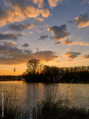Sonnenuntergang im Vogelschutzgebiet NSG Garstadt bei Heidenfeld im Landkreis Schweinfurt, Unterfranken, Bayern, Deutschland