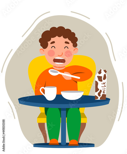 the boy has breakfast or lunch. The time of eating. The child eats porridge and drinks tea. Vector illustration in a flat style.