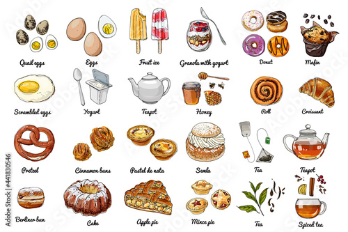 Vector food icons. Colored sketch of food products. Baking, sweets, eggs, tea