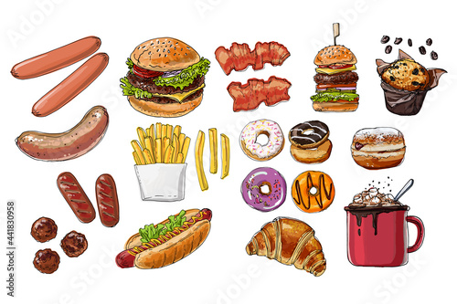 Burgers are fast street food. Vector drawing of food. Unhealthy food. Fries, donuts, cocoa, pastries, sweets, sausages, hot dog, bacon
