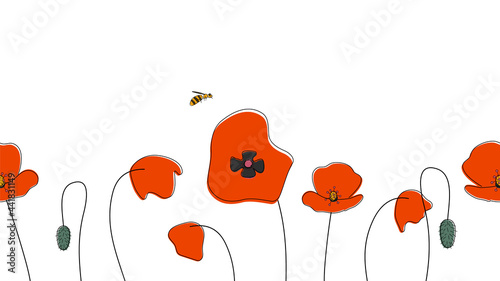 Seamless border of poppies hand drawn in simplified children cartoon naive style on white background.Cute bee sitting on flower.For design of website or shop for spring or summer.Vector illustration