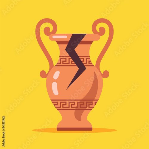 antique cracked vase from greece. flat vector illustration.