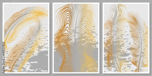 luxurious gold feathers items wall art vector set.  For wall art, poster, wallpaper, print. 
