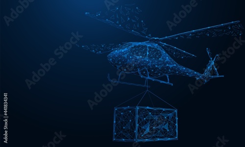 A flying helicopter with a cargo attached. Delivery of goods by air transport. Polygonal construction of lines and points. Blue background.