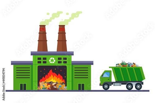 garbage truck goes to incinerate waste at an incineration plant. flat vector illustration. photo