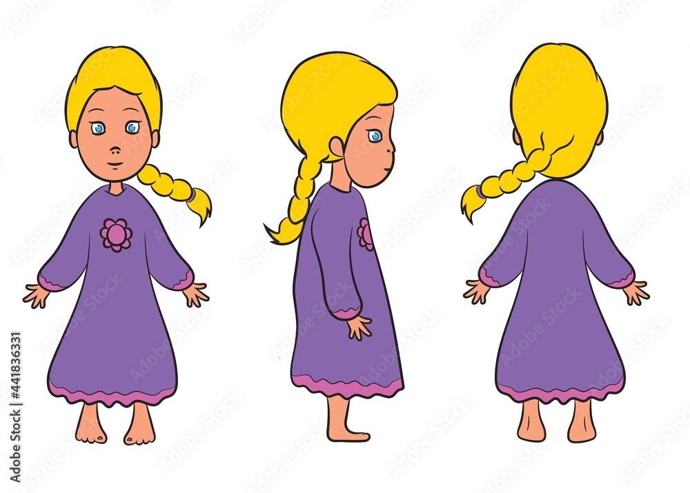 Cartoon character girl different pose front back Cartoon character girl different pose front back