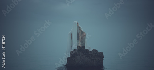 Sea Spirit Water Demon Crouching on a Rock Water with a Cloak and Veil Foggy Overcast Day 3d Illustration Render
