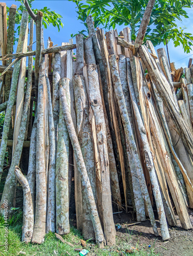 firewood being dried in the yard with vertical arrangement with selective focus