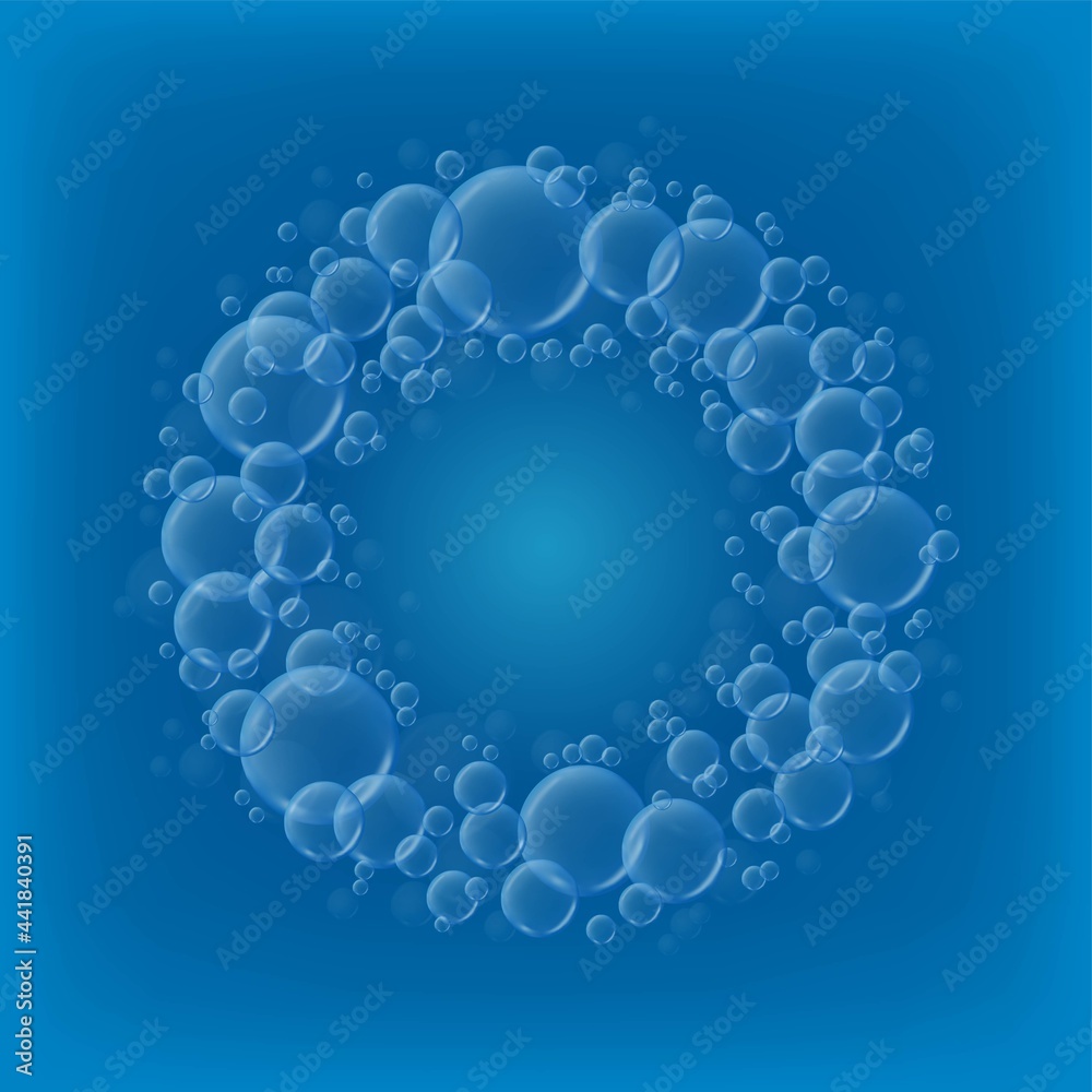 Water bubbles on blue background. Round frame made of realistic air bubbles and soap bubbles. Background template with empty place for text. Vector illustration