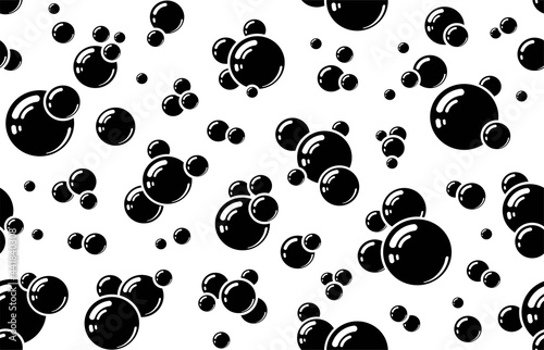 Air bubbles. Seamless Pattern. Background template for water bubbles, soap bubbles, carbonated water or drink. Black silhouette on white background. Isolated. Vector illustration