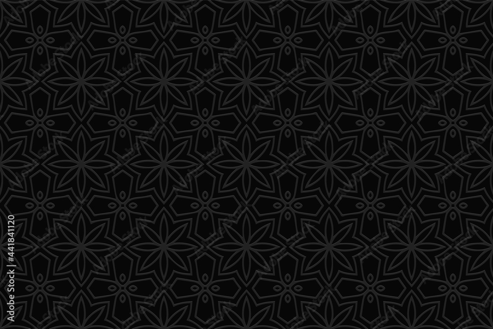 3D volumetric convex embossed geometric black background. Beautiful original pattern with ethnic ornament in stained glass style. Islam, Arabic, Indian, Ottoman motives. 3D volumetric convex embossed geometric black background. Beautiful original pattern with ethnic ornament in stained glass style. Islam, Arabic, Indian, Ottoman motives.