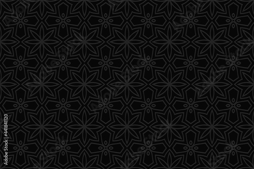3D volumetric convex embossed geometric black background. Beautiful original pattern with ethnic ornament in stained glass style. Islam, Arabic, Indian, Ottoman motives.