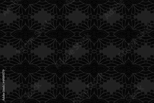 3D volumetric convex embossed geometric black background. Beautiful creative pattern with ethnic ornament in stained glass style. Islam, Arabic, Indian, Ottoman motives.