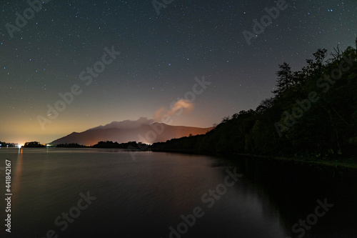 A view of the night sky over Derwent water in the English Lake District with the orange glow of Keswick photo