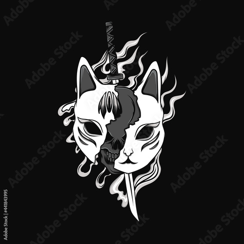 mask kitsune illustrasi with fire black and white