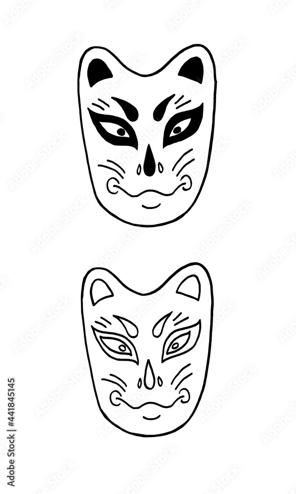 Vector images of Japanese fox kitsune on a white background, hand ...