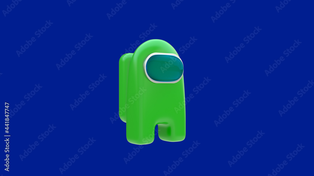 The game green character among us on a blue background. Robot among us