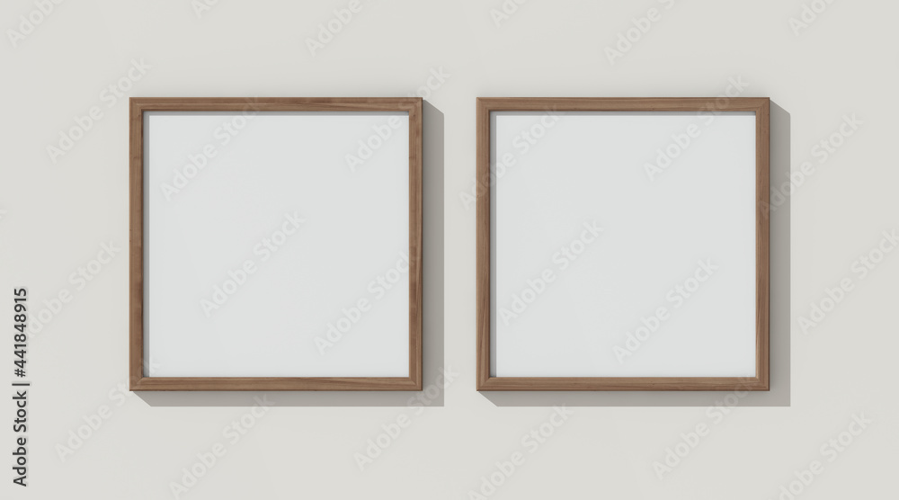 Two wooden frames on white wall. 3D render wooden frame mock up. Empty interior. 3D illustrations. 3D design interior. Template for business. Two wooden frames on white wall. 3D render wooden frame mock up. Empty interior. 3D illustrations. 3D design interior. Template for business.