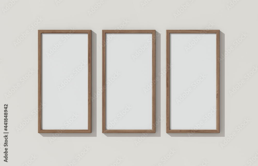 Three wooden frames on white wall. Triptych. 3D render vertical wooden frame mock up. Empty interior. 3D illustrations. 3D design interior. Template for business. Three wooden frames on white wall. Triptych. 3D render vertical wooden frame mock up. Empty interior. 3D illustrations. 3D design interior. Template for business.