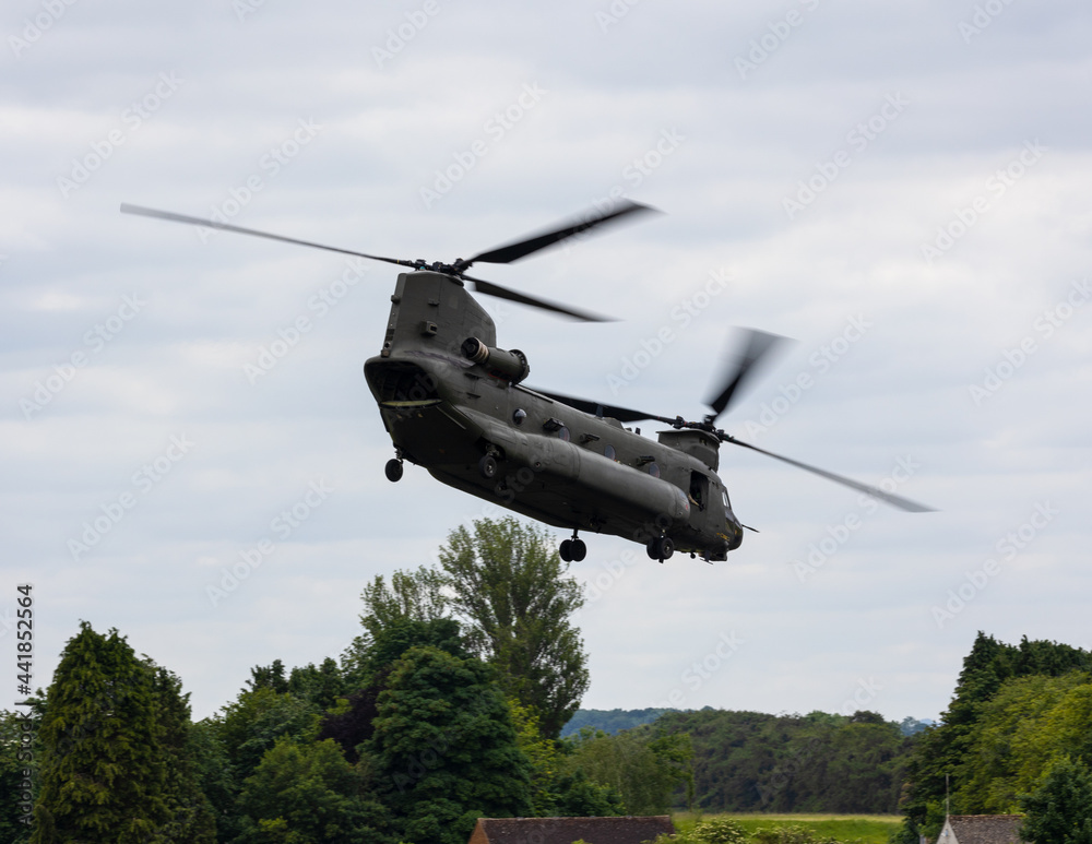 Heavy lift military helicopter at low level. Boeing C47 Chinook Heavy lift military helicopter at low level. Boeing C47 Chinook