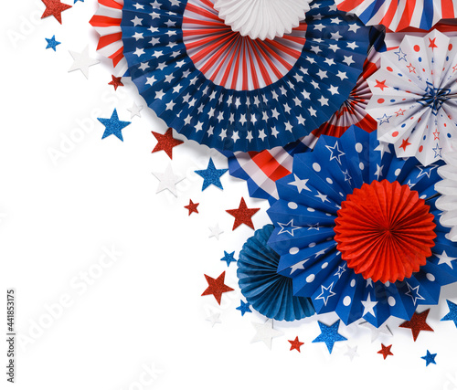 Vibrant red white and blue paper fans with stars in the top right corner. For 4th of July, Memorial day, Veteran's day, or other patriotic holiday celebrations.