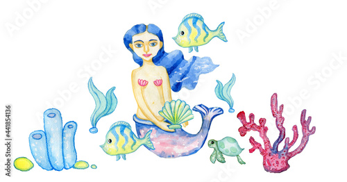 Sea and mermaid underwater life background for social networking watercolor