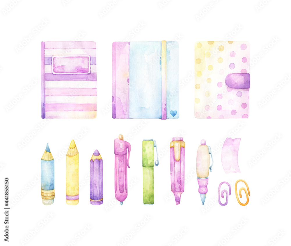 Set of watercolor  school stationery and art supplies, including purple, blue and yellow notebooks, bright colorful pens and pencils, children illustration, cartoon clipart, back to school themed