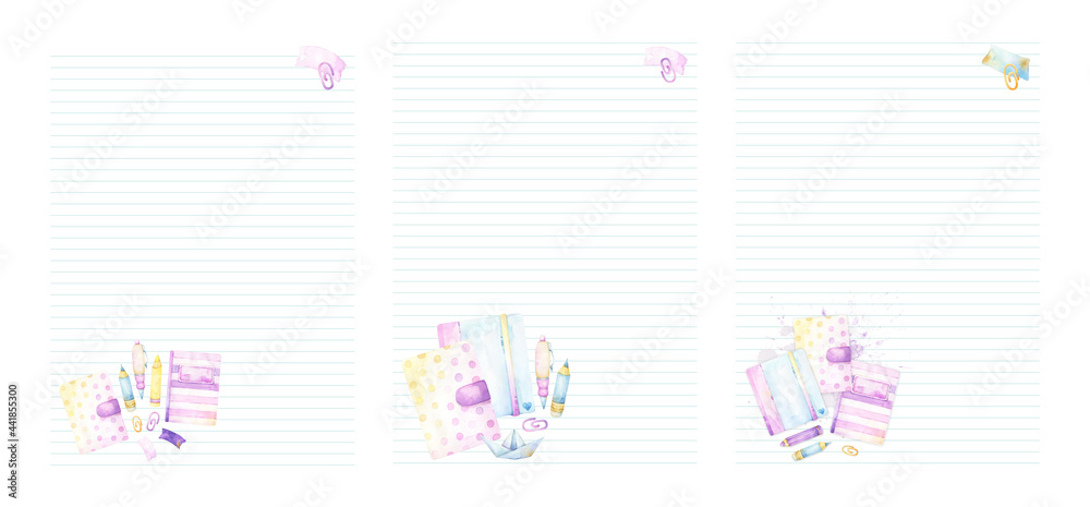 Set of 3 blank lined planner or diary pages with watercolor stationery graphics in the bottom, including notebooks, pencils, pens, paper clips in pink, purple, blue, yellow, cartoon illustration