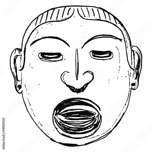 Ancient Olmec mask. Native American art. Hand drawn linear doodle sketch. Black silhouette on white background.